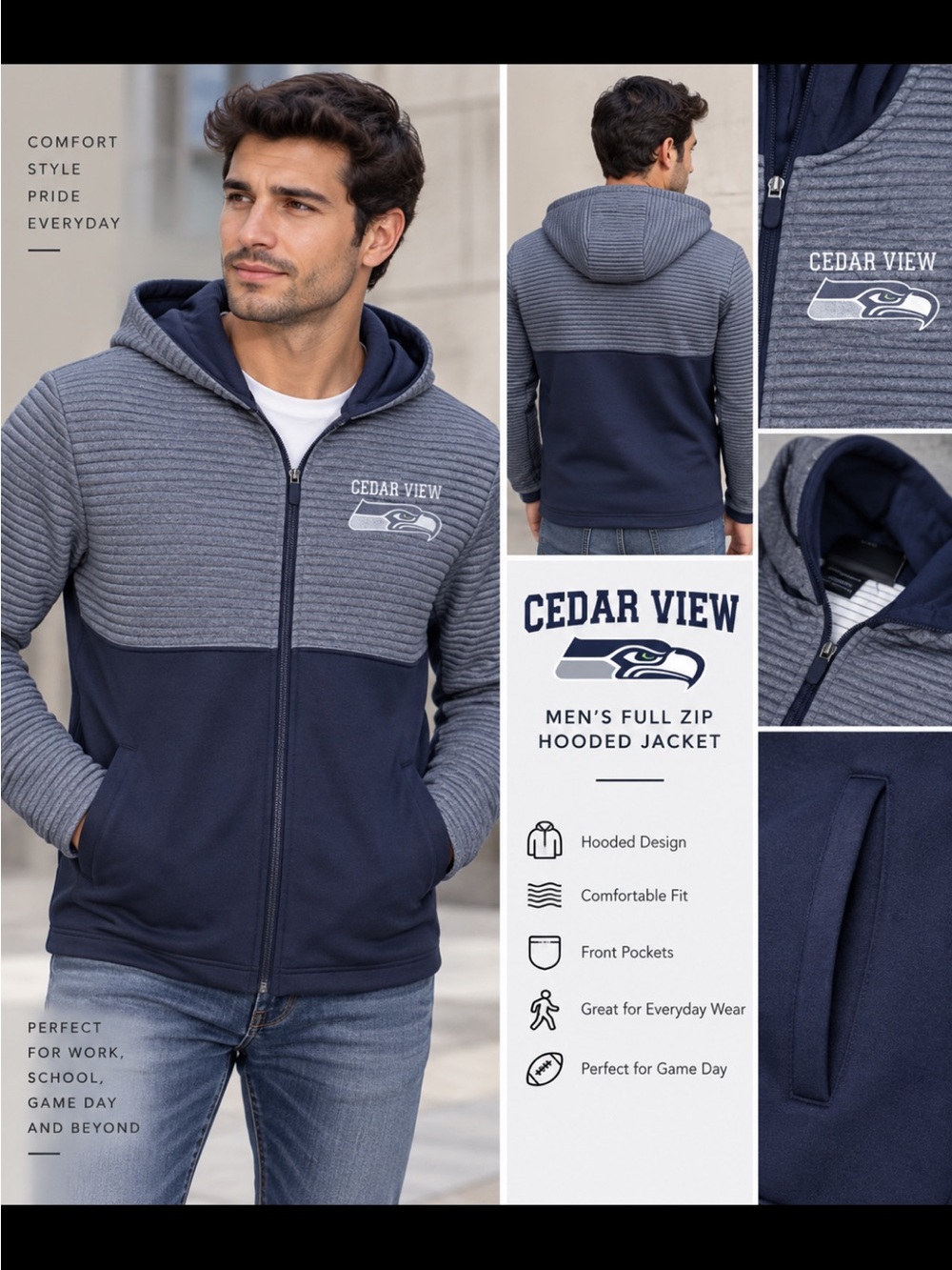 Holloway Navy and Heather Gray Hooded Zip-Up Sweater